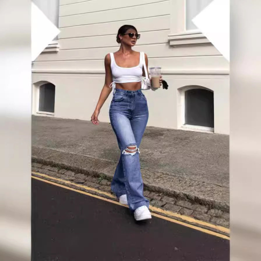 Damen Vintage Schlagjeans mit modischen Rissdetails und hohem Bund Echo Archiv