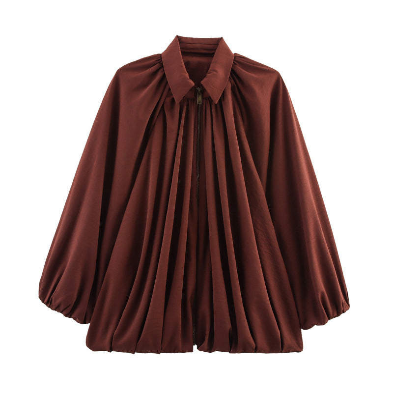 Damen Oversize Plissée-Hemdbluse mit Frontreißverschluss, Kellerfalten und Ballonärmeln Echo Archiv