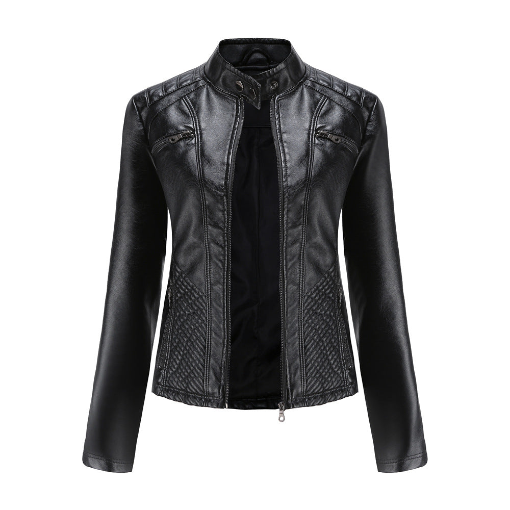 Damen nan taillierte Bikerjacke aus Kunstleder mit Stepppaneelen und Stehkragen Echo Archiv