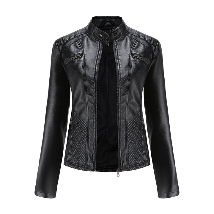 Damen nan taillierte Bikerjacke aus Kunstleder mit Stepppaneelen und Stehkragen Echo Archiv