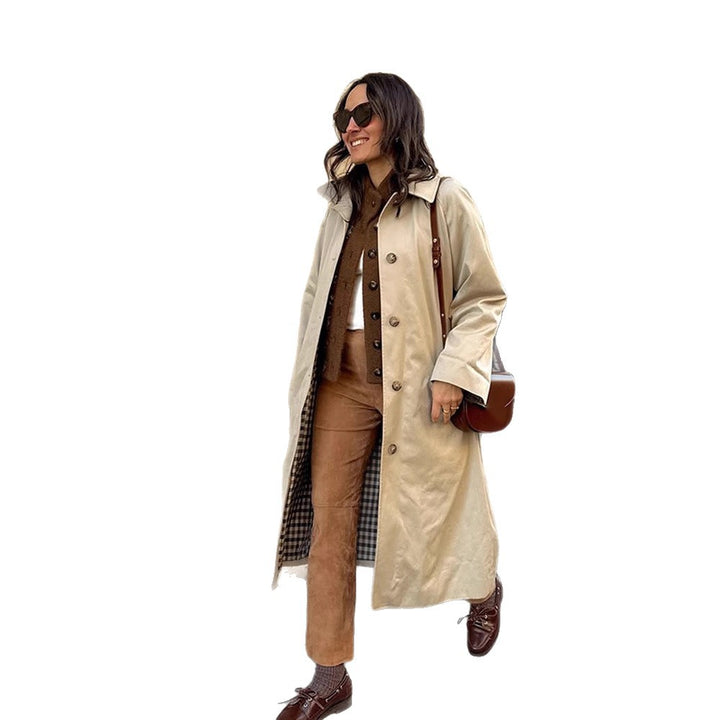 Damen Maxilanger Trenchcoat mit Karofutter, weitem Fall & klassischer Knopfleiste Echoarchiv