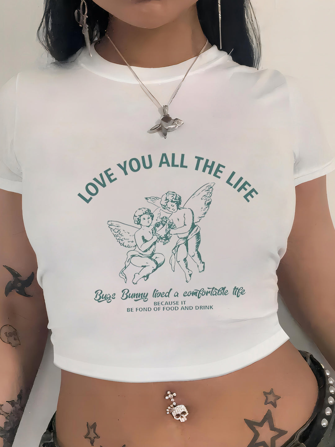Damen Crop-T-Shirt mit modernem Grafiken-Aufdruck Echo Archiv