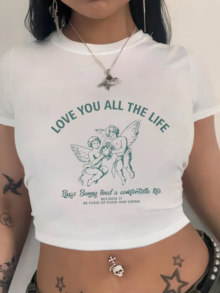 Damen Crop-T-Shirt mit modernem Grafiken-Aufdruck Echo Archiv