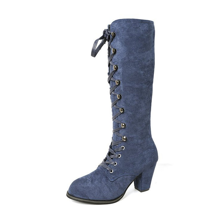 Damen kniehohe Schnürstiefel mit mittelhohem Blockabsatz und Vintage‑Wildlederoptik Echoarchiv