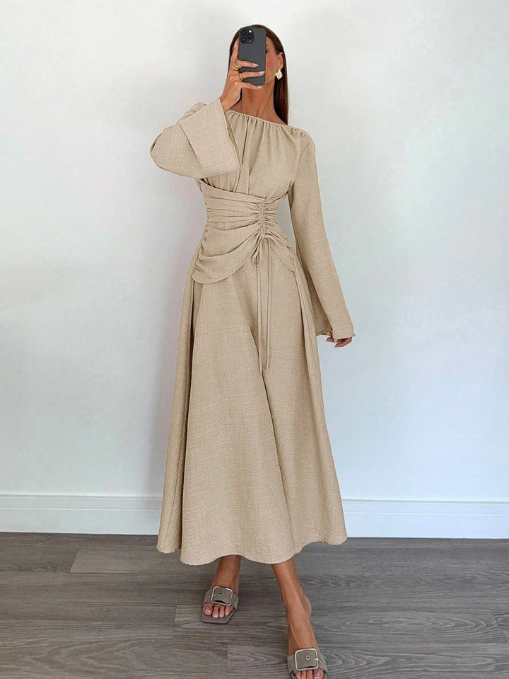 Damen Maxikleid mit geraffter Taillen-Schnürung, weiten Ärmeln und fließendem Rock Echo Archiv