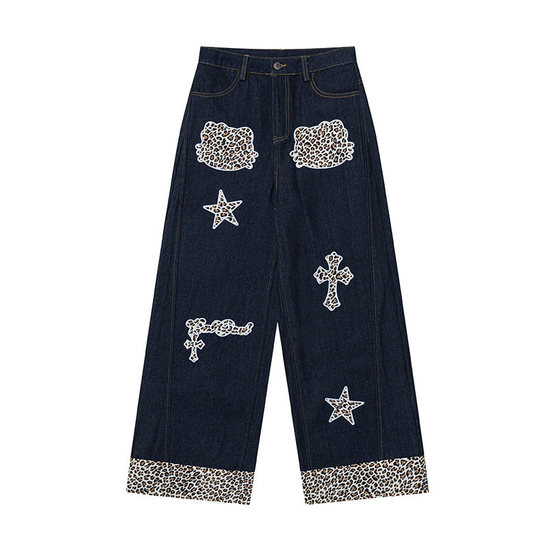 Damen Weite Highwaist Denim-Palazzohose mit Leoparden-Besatz und Applikationsstickerei Echoarchiv