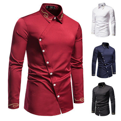 Herren Elegantes Langarmhemd mit asymmetrischem Knopfdesign und gesticktem Kragen Echoarchiv