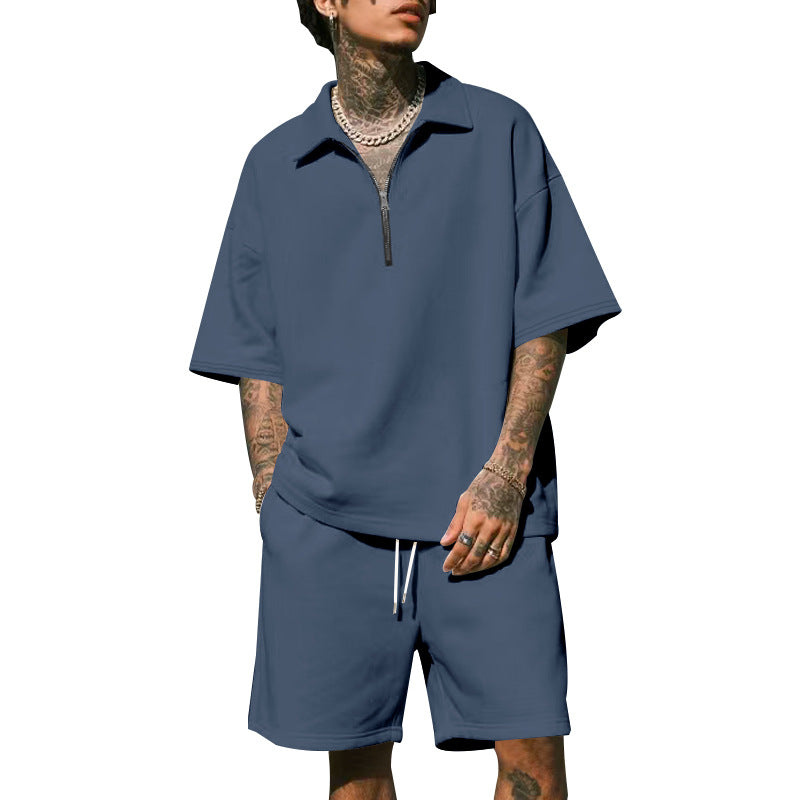 Herren lässiges Kurzarm-Set mit modernem Reißverschluss und bequemen Shorts Echoarchiv