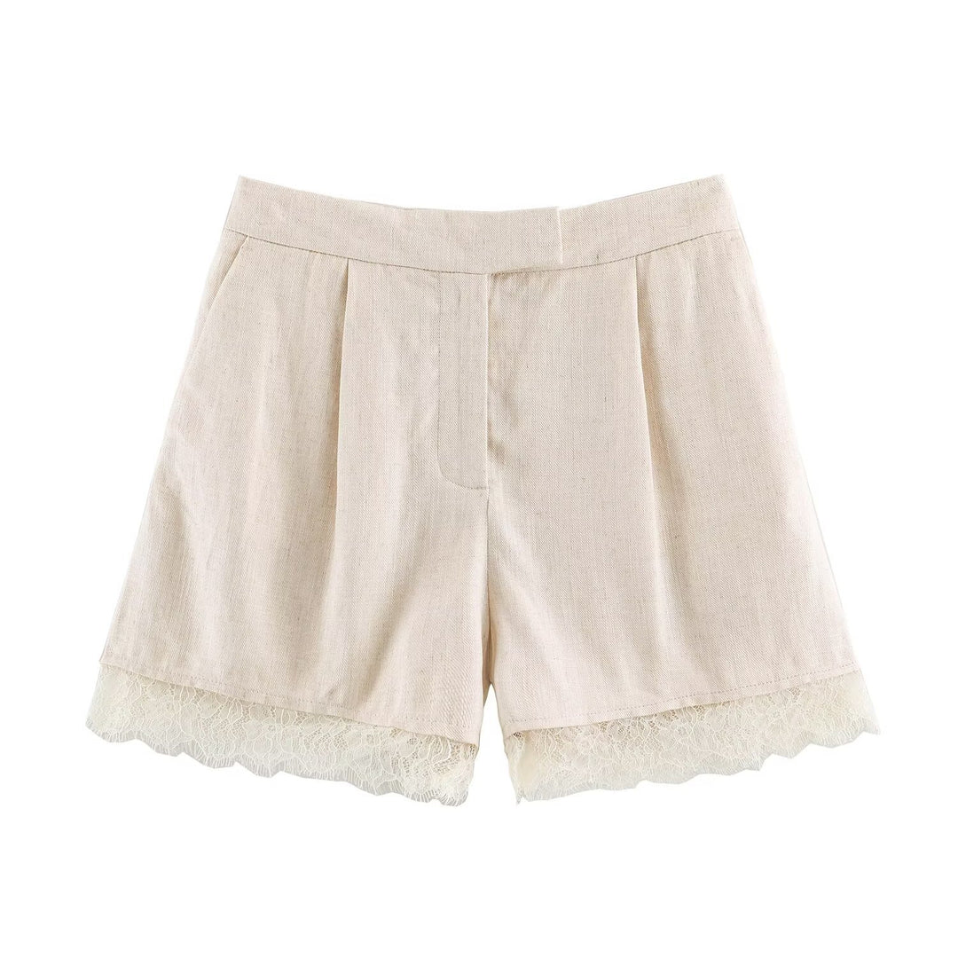 Damen Zweiteiler Kurzblazer mit V-Ausschnitt und Spitzenbesatz sowie hochtaillierte Bundfalten-Shorts Echo Archiv