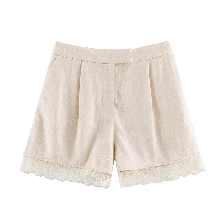 Damen Zweiteiler Kurzblazer mit V-Ausschnitt und Spitzenbesatz sowie hochtaillierte Bundfalten-Shorts Echo Archiv