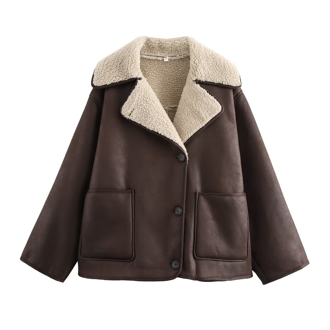 Damen Kurz geschnittener Oversized Lammfellimitat-Mantel mit Teddy-Kragen Echo Archiv