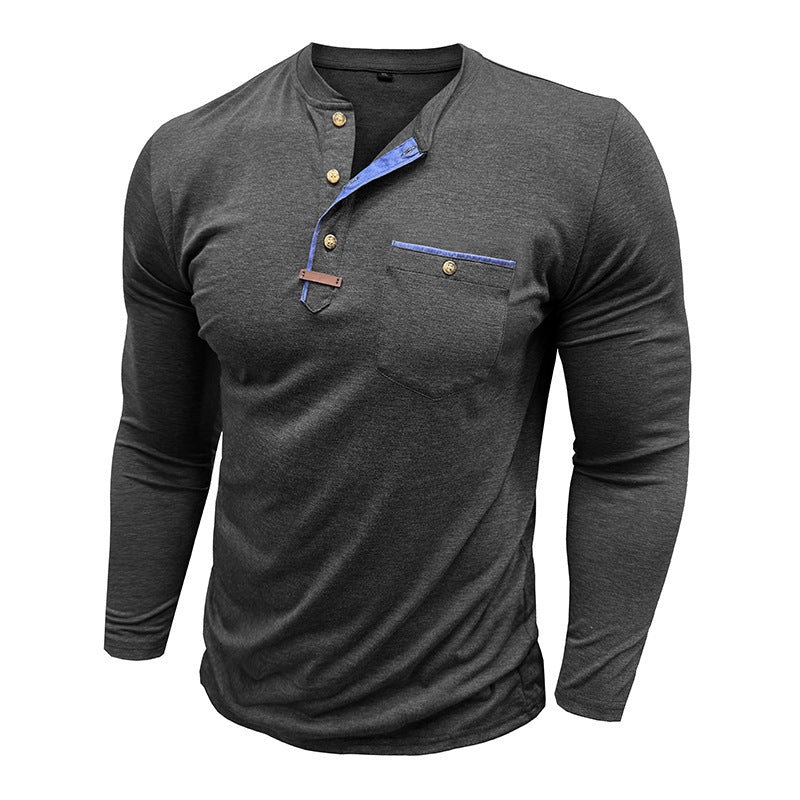 Herren Langarm-Henley-Shirt mit kontrastierenden Knöpfen und Brusttasche Echoarchiv