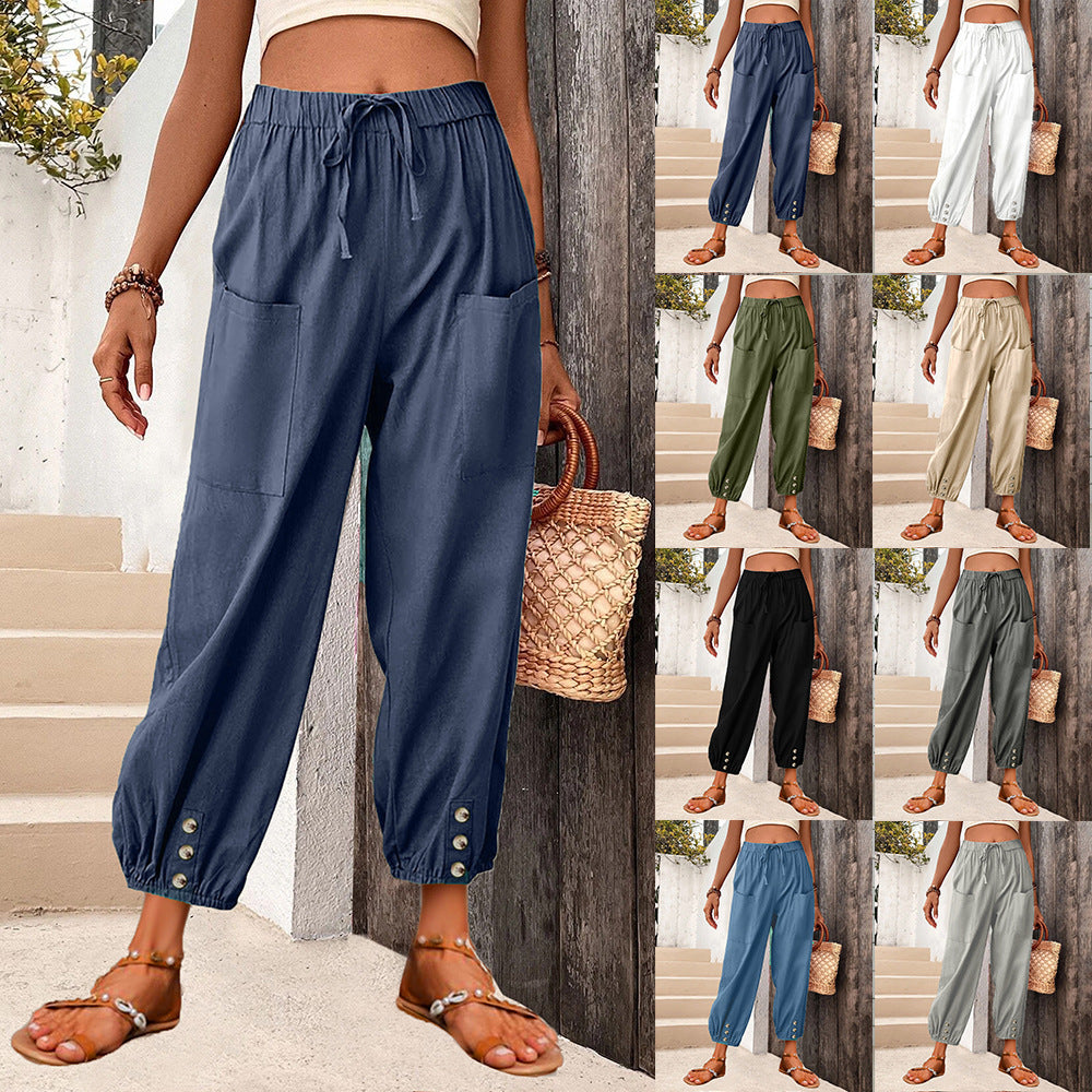 Damen Leinenlook Loungehosen mit hohem elastischem Taillenbund, Kordelzug, aufgesetzten Taschen und geknöpftem Saum – Avélisse