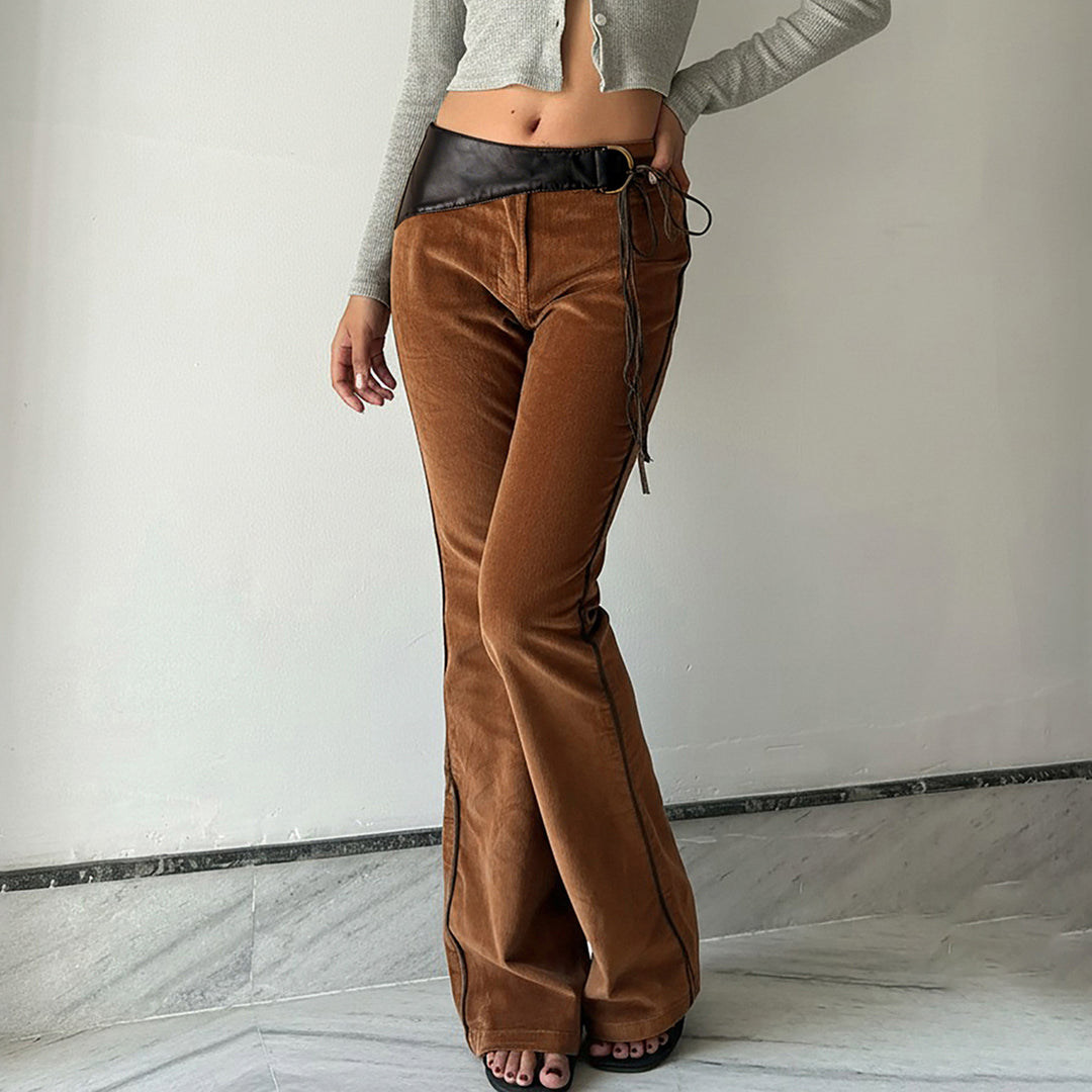 Damen nan ausgestellte Cordhose mit hohem Bund, Lederbesatz und Bindeband Echo Archiv
