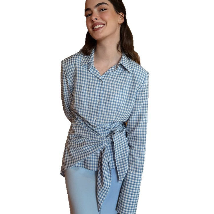 Damen Gingham-Wickelbluse mit seitlicher Taillenbinde und Hemdkragen Echoarchiv