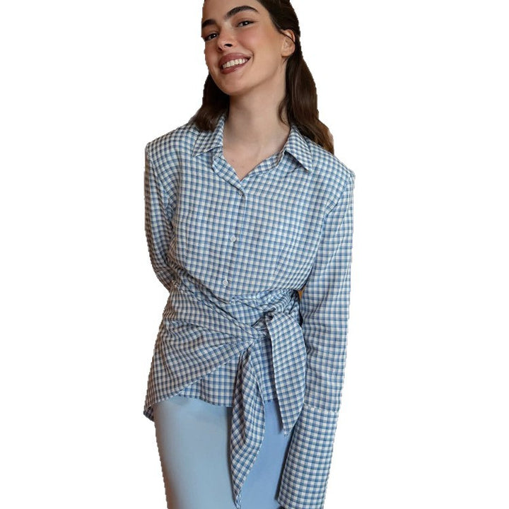 Damen Gingham-Wickelbluse mit seitlicher Taillenbinde und Hemdkragen Echoarchiv