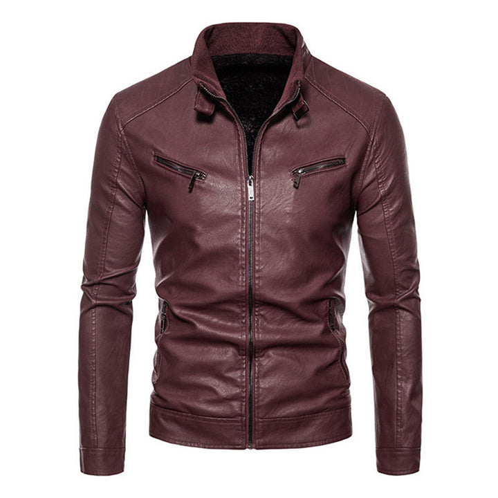 Herren Figurbetonte Kunstleder-Bikerjacke mit Stehkragen und Reißverschlusstaschen Echoarchiv