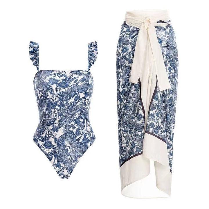 Damen Einteiler Badeanzug mit floralem Design und abnehmbarem Wickelrock Echo Archiv