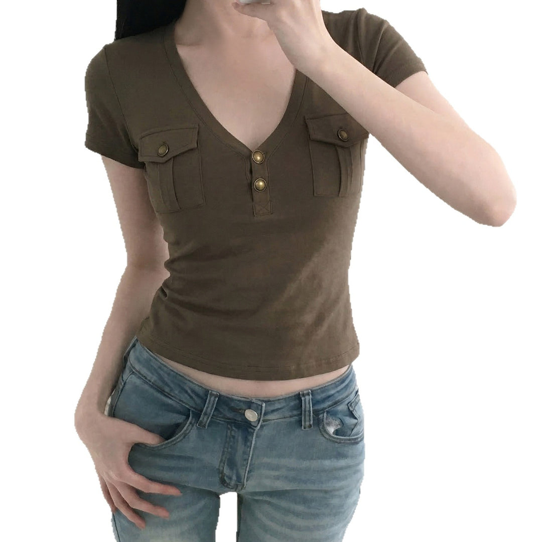 Damen Kurzarmshirt mit Knopfdetails und seitlichen Taschen Echo Archiv