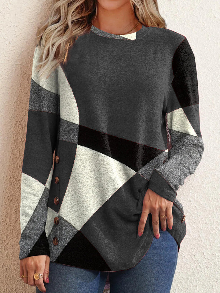 Damen Geometrischer Übergroßer Strickpullover mit Knopfdetails an der Seite Echoarchiv