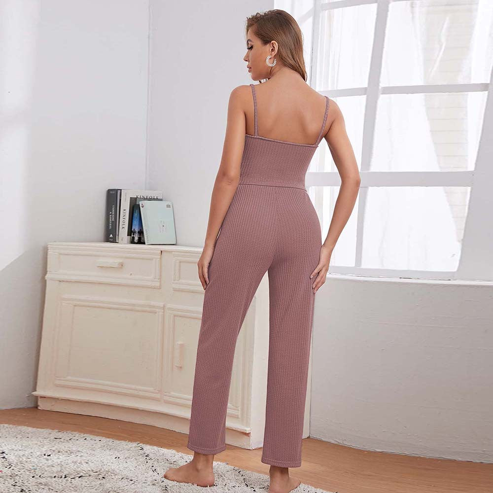 Damen dreiteiliges Lounge-Set aus Waffelstrick mit Longcardigan Spaghettiträger-Top und Highwaist-Jogginghose – Élanora