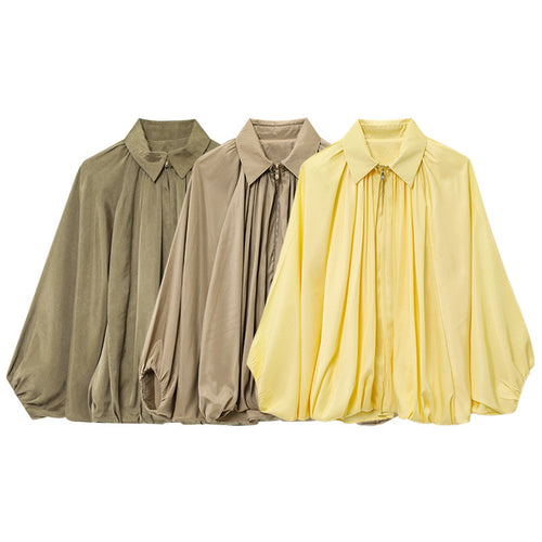 Damen weit geschnittene Cape-Bluse mit durchgehendem Reißverschluss, balloniertem Saum und gerafften Ärmeln – Élovi