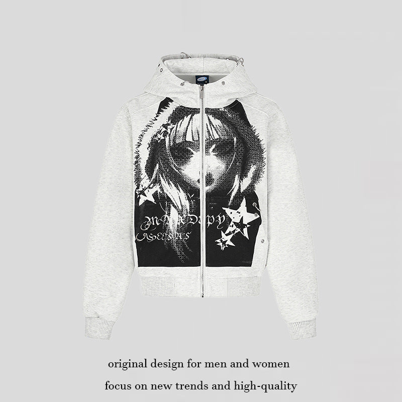 Damen Kapuzen‑Sweatjacke mit fotorealistischem Manga‑Frontprint, Fleece‑Futter und durchgehendem Reißverschluss Echoarchiv