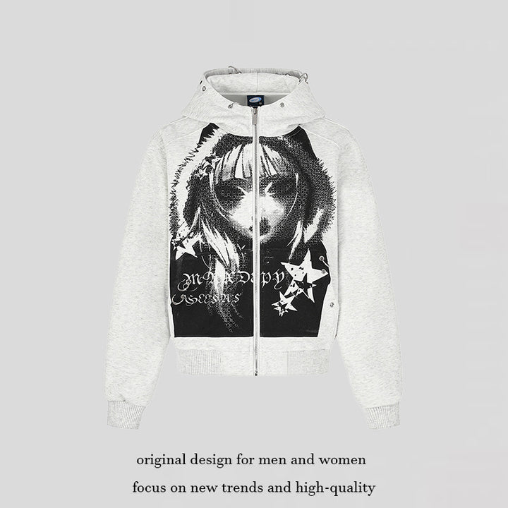 Damen Kapuzen‑Sweatjacke mit fotorealistischem Manga‑Frontprint, Fleece‑Futter und durchgehendem Reißverschluss Echoarchiv