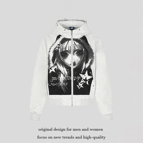 Damen Kapuzen‑Sweatjacke mit fotorealistischem Manga‑Frontprint, Fleece‑Futter und durchgehendem Reißverschluss Echoarchiv