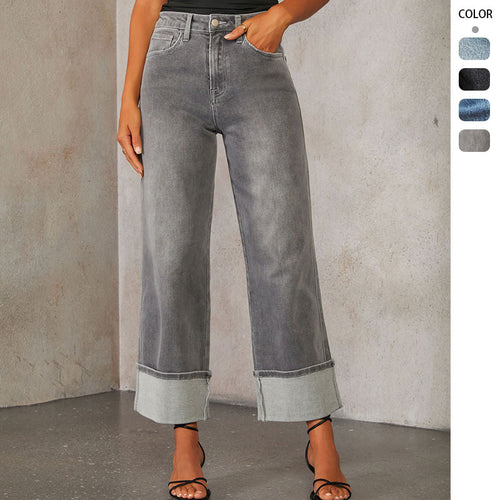 Damen nan hochgeschnittene Culotte-Jeans mit breitem Umschlag und geradem Bein Echo Archiv