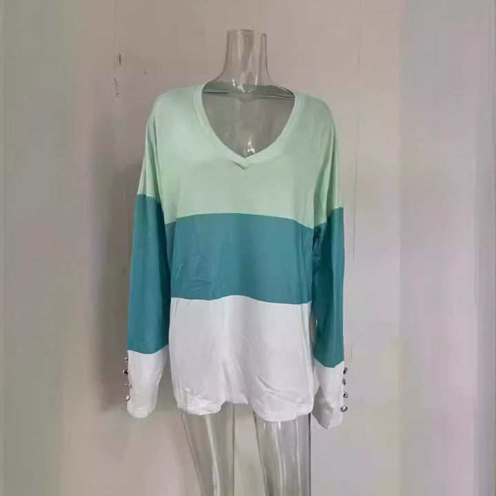 Damen Colorblock V-Ausschnitt Sweatshirt mit Zierknöpfen an den Ärmeln – Mavelle