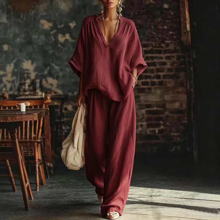 Damen nan lässiges zweiteiliges Leinenoptik-Set mit tiefem V-Ausschnitt, Oversize-Bluse und weitem Palazzo-Hosen Echo Archiv