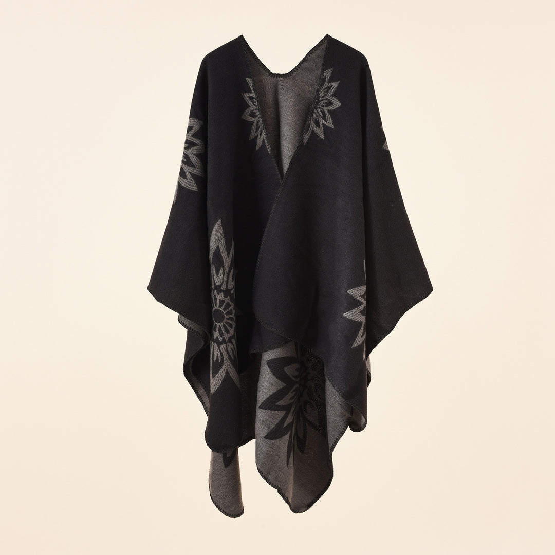 Damen Oversize‑Umhang im Wendefinish mit floraler Intarsienstickerei – Célinea