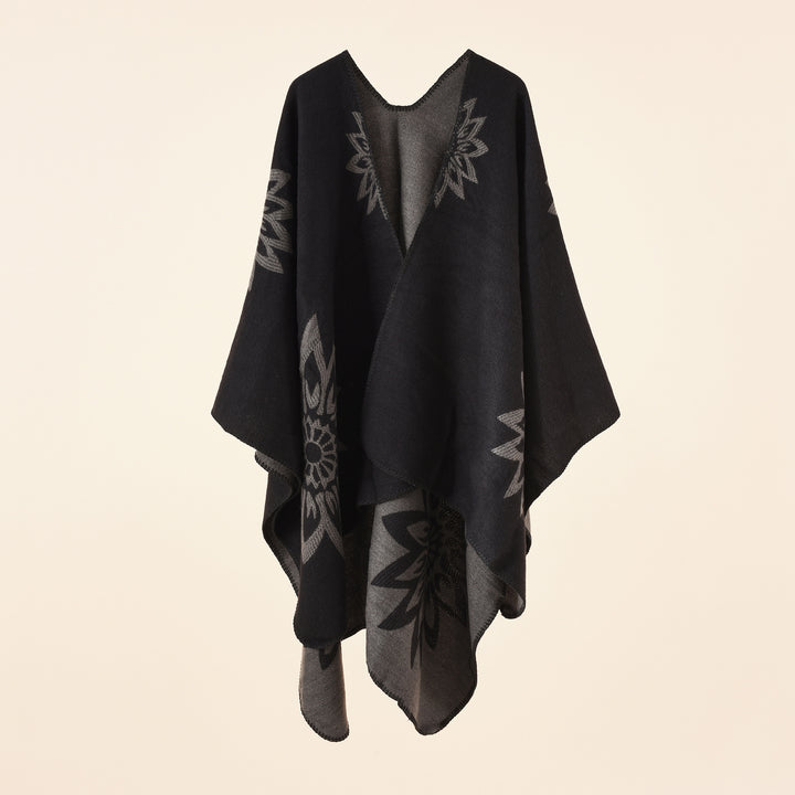 Damen Oversize‑Umhang im Wendefinish mit floraler Intarsienstickerei – Célinea
