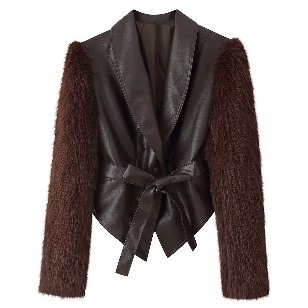 Damen Kurzjacke aus Lederimitat mit langen Kunstfellärmeln und Bindegürtel Echoarchiv