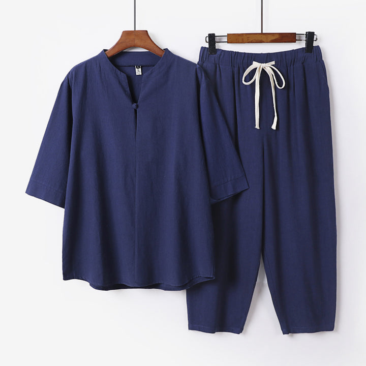 Damen Leichtes Leinen-Baumwoll-Loungewear-Set mit Stehkragen, Dreiviertelärmeln und Gummizugbundhose Echoarchiv