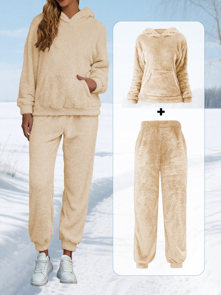 Damen Kuscheliges Teddy-Fleece Lounge-Set mit Kapuze und Kängurutasche – Auréline