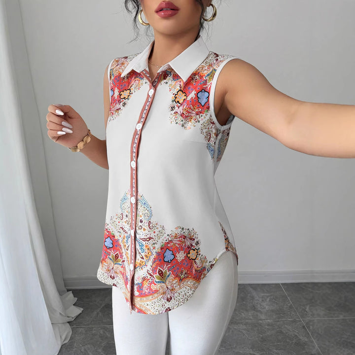 Damen Ärmellose Hemdbluse mit Kentkragen, A-Linien-Silhouette und durchgehender Knopfleiste – Élovi