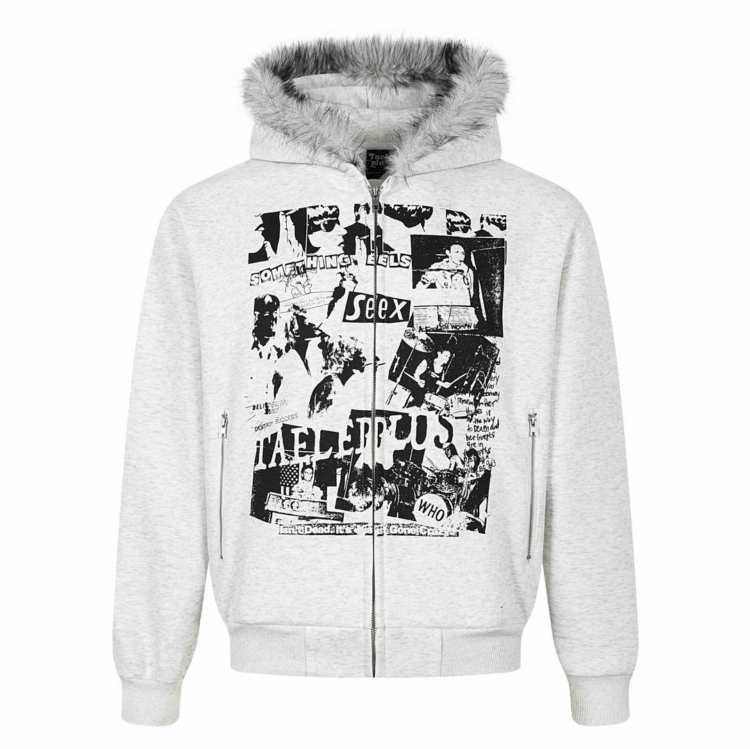 Damen Kapuzen‑Sweatjacke mit Kunstfellbesatz, Frontzip und Collage‑Print Echoarchiv