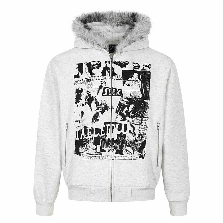 Damen Kapuzen‑Sweatjacke mit Kunstfellbesatz, Frontzip und Collage‑Print Echoarchiv