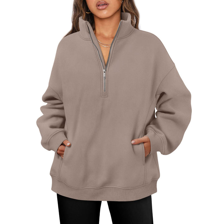 Damen nan oversized Halbzip-Pullover mit Stehkragen, Kängurutasche und Rippbündchen Echo Archiv