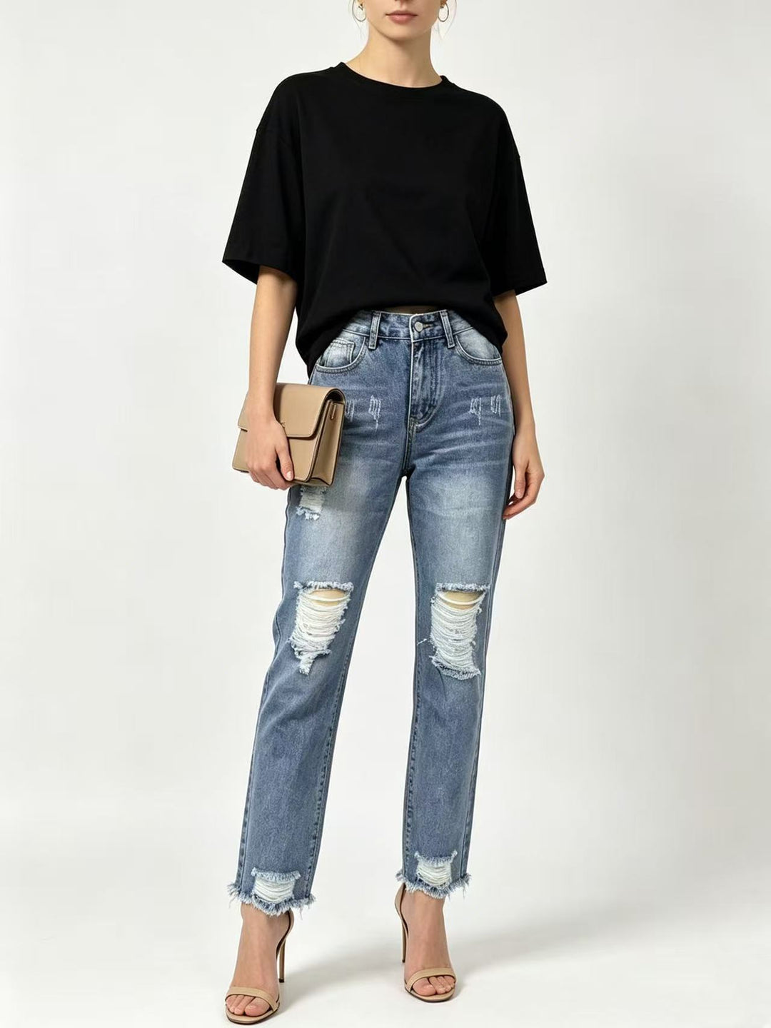 Damen nan hochgeschnittene Straight Leg Jeans mit gezielten Rissdetails und rohem Knöchelabschluss Echo Archiv
