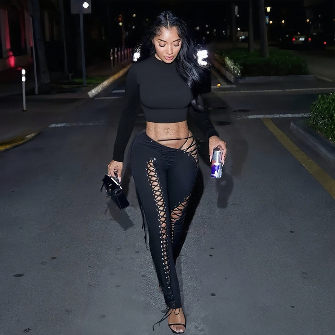 Damen Crop-Top und Hoch geschnittene Leggings mit Schnürdetails Echo Archiv
