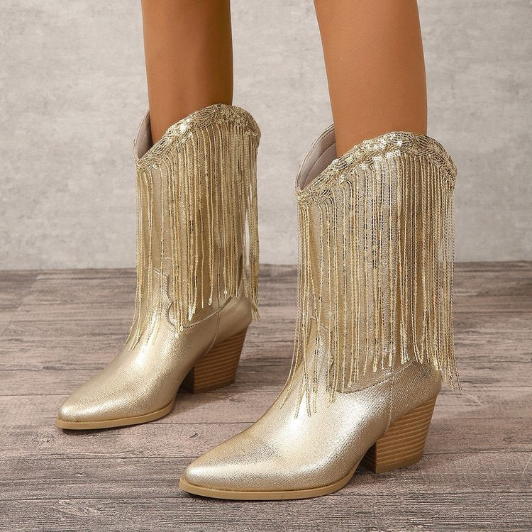 Damen kniehohe Fransen-Cowboystiefel mit feiner Perlenfransen-Verzierung und geformtem Blockabsatz Echo Archiv