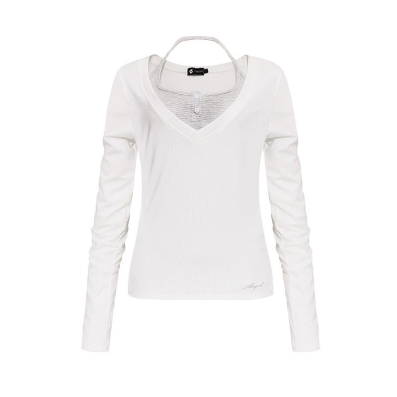 Damen Langarm-Shirt mit doppeltem Layer‑Effekt, tiefem V‑Ausschnitt und gestreiftem Einsatz Echoarchiv