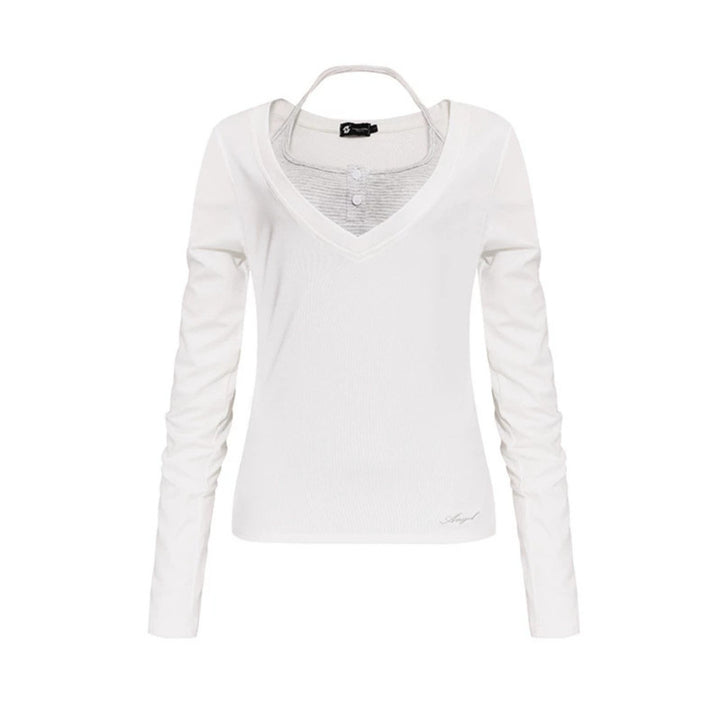 Damen Langarm-Shirt mit doppeltem Layer‑Effekt, tiefem V‑Ausschnitt und gestreiftem Einsatz Echoarchiv