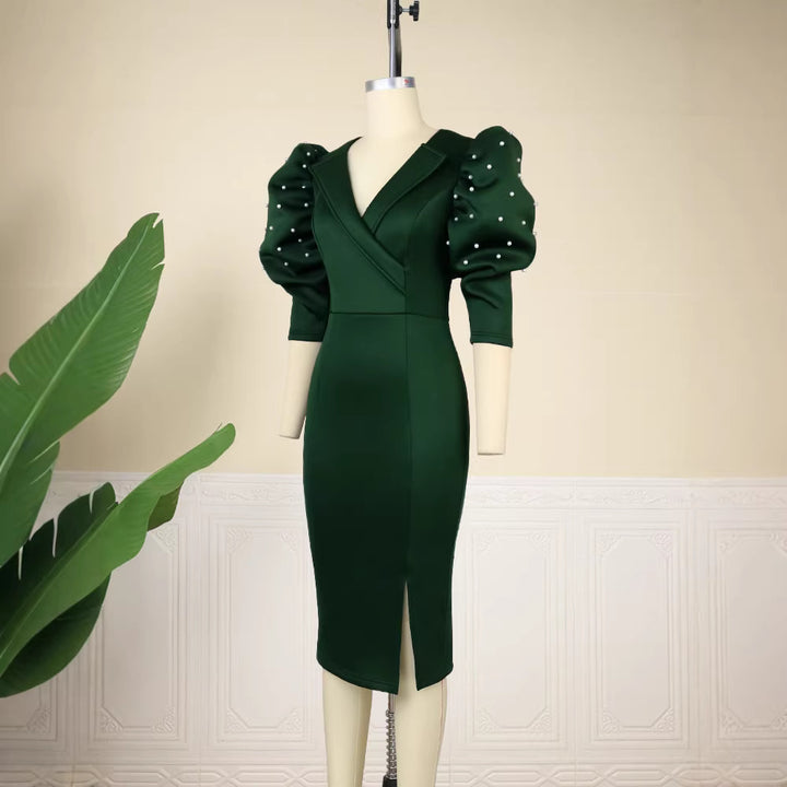 Damen figurbetontes Midi-Kleid mit voluminösen Puffärmeln und eleganten Perlenakzenten Echo Archiv