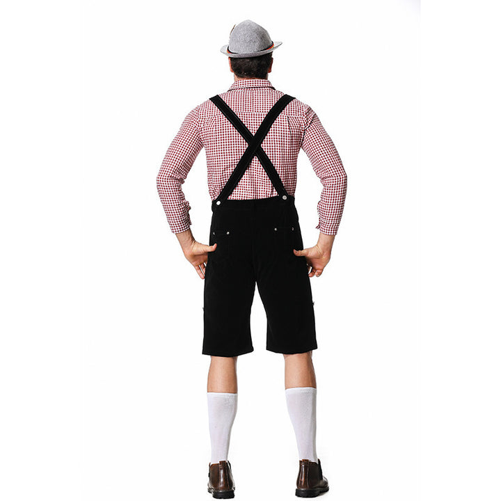 Herren nan kurze Trachtenlederhose in Veloursleder-Optik mit besticktem Brustlatz und verstellbaren Trägern Echo Archiv