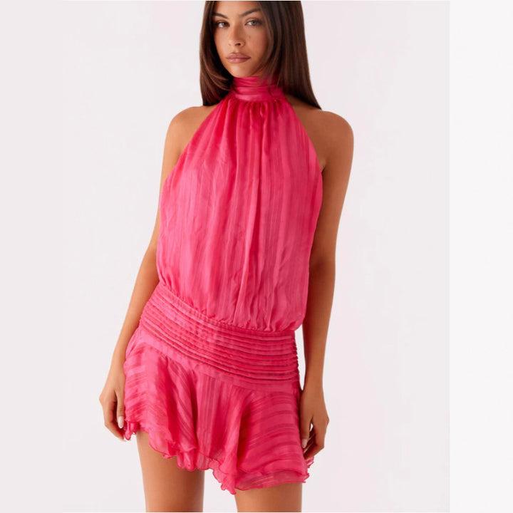 Damen Neckholder Minikleid mit Rüschensaum und gepolstertem Oberteil Echo Archiv