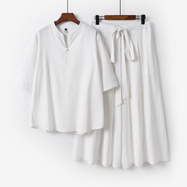 Damen Lässiges Leinen-Viskose Lounge-Set mit Stehkragen-Oberteil und weiten Palazzo-Hose Echoarchiv
